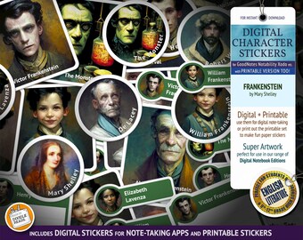 Frankenstein: Character Digital Stickers for Note-Taking Apps & printable stickers. Great for students of English Literature and GCSE.