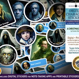 May include: A set of colorful digital stickers featuring characters from Charles Dickens's "A Christmas Carol". The stickers are designed for use in note-taking apps and can also be printed out for use as paper stickers.