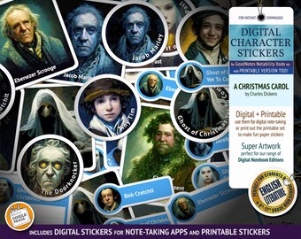 A Christmas Carol: Character Digital Stickers for Note-Taking Apps & printable stickers. Great for students of English Literature and GCSE.