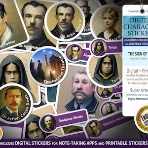 Puede incluir: Un conjunto de pegatinas de personajes digitales e imprimibles con ilustraciones de la novela "El signo de los cuatro" de Arthur Conan Doyle. Las pegatinas incluyen personajes como Sherlock Holmes, el Dr. John Watson y Thaddeus Sholto. Las pegatinas son perfectas para aplicaciones de toma de notas y uso imprimible.