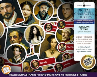 Romeo y Julieta: pegatinas digitales de personajes para aplicaciones para tomar notas y pegatinas imprimibles. Para estudiantes de Literatura Inglesa y GCSE