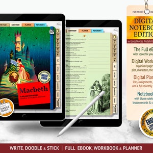 May include: Digital notebook edition for Macbeth by William Shakespeare. The digital notebook includes a full ebook, workbook, planner, and notebooks. The cover features a green and blue illustration of a castle with a woman in a red dress.
