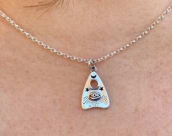 Silver Ouija Planchette Charm Necklace with All -Seeing Eye | Sterling Silver Evil Eye Necklace | Protection Necklace | Talisman Necklace