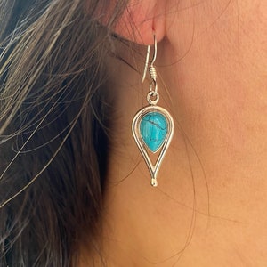 Sterling silver Gemstone Drop earrings | TURQUOISE gemstone earrings | silver hoop earrings | BLUE earrings | Long Silver Earrings