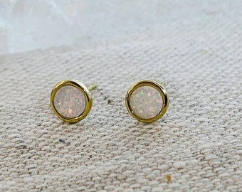 Gold Opal Stud Earrings,  14K Gold vermeil Opal Studs, Gold Earrings, Gold Opal earrings, Small Gold stud earrings, white opal earrings