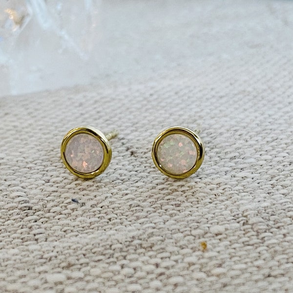 Gold Opal Stud Earrings,  14K Gold vermeil Opal Studs, Gold Earrings, Gold Opal earrings, Small Gold stud earrings, white opal earrings