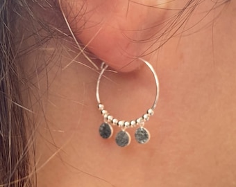 Sterling silver hoop earrings with discs and beads, boho style silver hoop earrings, silver disc earrings, beaded sterling silver earrings