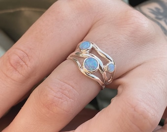 Silver Opal Ring | Blue Opal Ring | Wide Polished Silver Ring | Organic Sterling Silver Ring | Free form Silver Ring  | Blue Gemstone ring