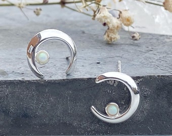 Opal & Cubic Zirconia Crescent Moon Post Earrings