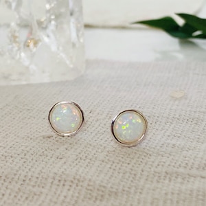 White Opal Silver Stud Earrings | Sterling Silver Round Earrings | Small Opal Stud earrings | Gemstone stud earrings | Dainty Silver studs