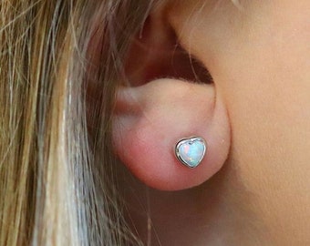 White Opal Stud Earrings | Sterling Silver Heart Earrings | Small Opal Heart Stud earrings | Gemstone stud earrings | Dainty Silver studs