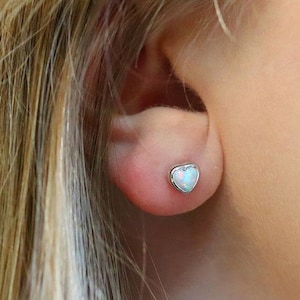 White Opal Stud Earrings | Sterling Silver Heart Earrings | Small Opal Heart Stud earrings | Gemstone stud earrings | Dainty Silver studs