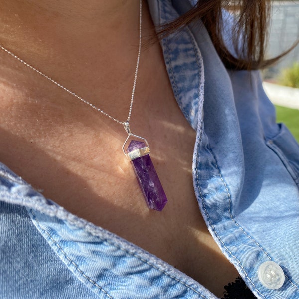 Amethyst Silver Pendant Necklace | Amethyst Point Pendant Necklace  | Gemstone Crystal Necklace | Double Terminated Silver Necklace