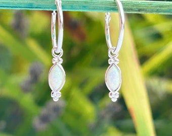White Opal Mini Hoop Earrings | Sterling Silver Marquise  Earrings | White Opal earrings | Gemstone earrings | Silver drop earrings