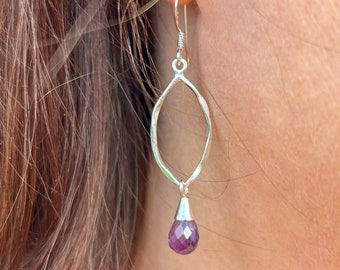 Sterling silver Gemstone Drop earrings | AMETHYST gemstone earrings | silver briolette earrings | Purple earrings | Long Silver Earrings