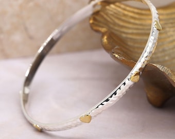 Sterling Silver and Brass Hearts Bangle, Hammered 925 Sterling Silver Bangle, stacking bracelets, Handmade Jewellery