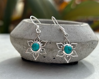 Sterling silver Mandala Lotus Flower Moonstone earrings | Turquoise  gemstone earrings | silver earrings | Spiritual