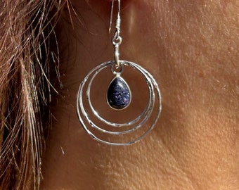 Sterling silver GOLDSTONE Gemstone Drop earrings | GOLDSTONE gemstone earrings | silver hoop earrings | Blue earrings | Long Silver Earrings