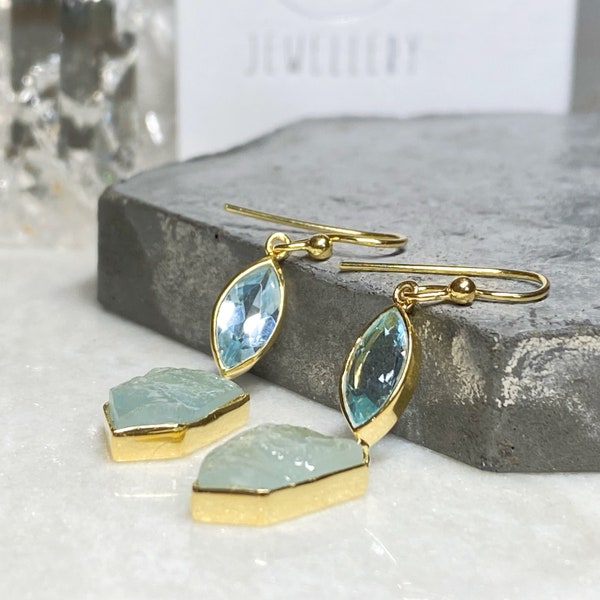 Aquamarine Gemstone Earrings | Raw Gemstone Earrings | 18K Gold Vermeil Earrings | March Birthstone Earrings | Gold Drops | Topaz earrings