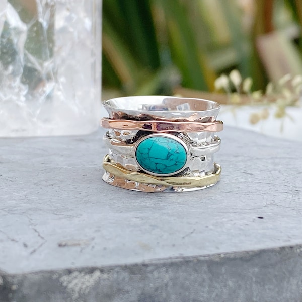 Natural Turquoise Silver Spinner ring |  Blue Turquoise Gemstone Spin Ring | Mixed Metal Fidget Ring | Silver Anxiety Ring | Fidget Ring