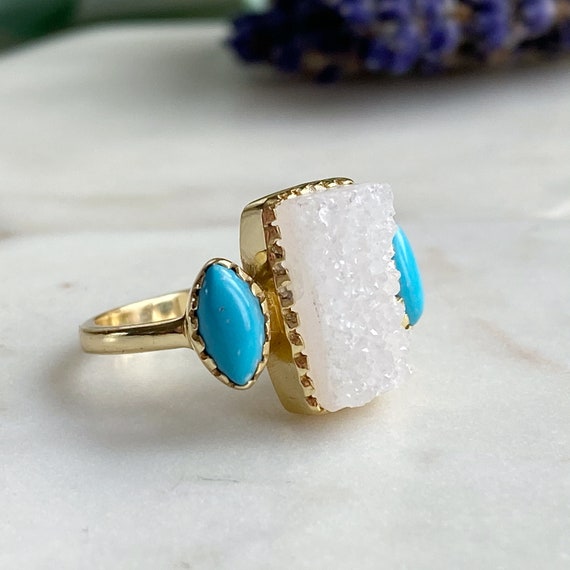 White Druzy and Synthetic Turquoise Ring 14k Yellow Gold-plated Sterling Silver White Druzy and Synthetic Turquoise Ring 14k Yellow Gold-plated Sterling Silver