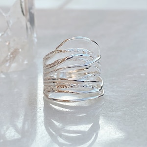 Sterling Silver Open ring, Hammered Silver Ring, Silver Thumb Ring, Coiled Sterling Silver ring with hammered effect, Wave Ring