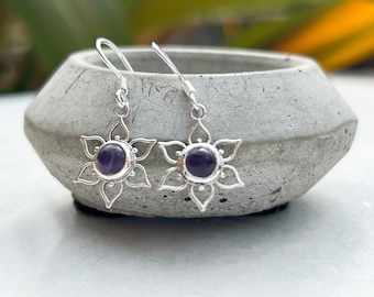 Sterling silver Mandala Lotus Flower Amethyst earrings | Amethyst gemstone earrings | silver earrings | Spiritual