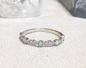 Silver Opal Ring | Delicate White Opal Ring | Birthstone Ring | Opal Band Ring | Fire Opal Ring |  White Opal Ring | Gemstone stacking