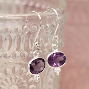 Sterling silver Gemstone Drop earrings | AMETHYST gemstone earrings | silver drop earrings | Purple earrings | Long Silver Earrings
