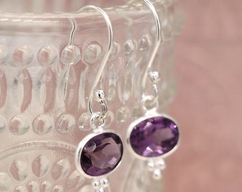 Sterling silver Gemstone Drop earrings | AMETHYST gemstone earrings | silver drop earrings | Purple earrings | Long Silver Earrings