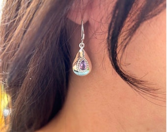 Sterling silver Gemstone Drop earrings | AMETHYST gemstone earrings | silver hoop earrings | Purple earrings | Long Silver Earrings