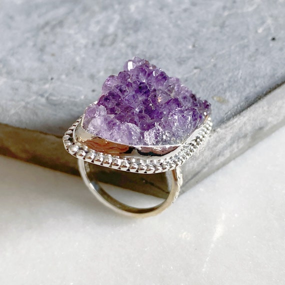 Natural Amethyst Cluster Purple Ring Sterling Silver Semi Precious