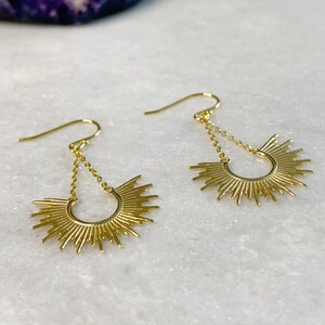 JeriAielloartstore Sun pierced earrings celestial jewelry sun bronze dangle earrings ornate bronze earth tones Sun rays jewelry