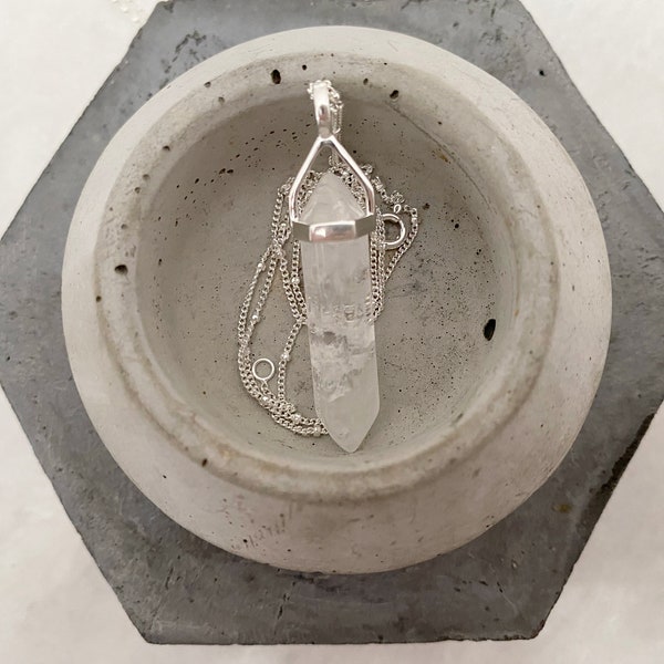 Clear Quartz Hexagon Reiki Healing Crystal Point Pendant Necklace In sterling Silver| Natural Gemstone Healing Silver Necklace