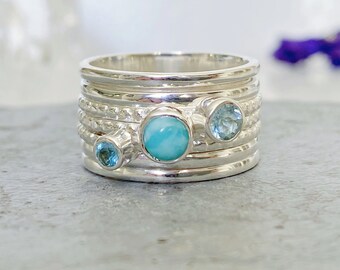 Natural Larimar and Topaz Silver Spinner ring | Blue Gemstone Meditation Spinner Ring | Fidget Ring | Silver Anxiety Ring | Engravable  Ring