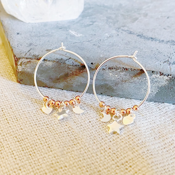 Sterling silver hoop earrings with stars moons and beads, silver hoop earrings, silver disc earrings, Rose gold and silver earrings, beaded