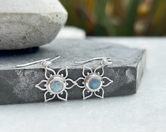 Sterling silver Mandala Lotus Flower Moonstone earrings | Moonstone gemstone earrings | silver earrings | Spiritual