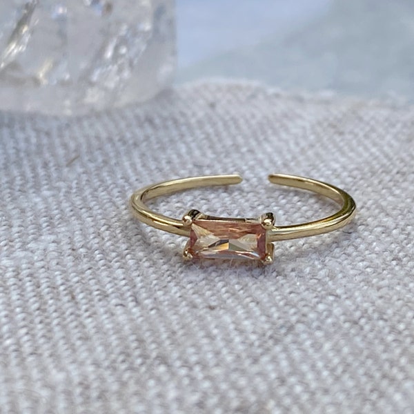 Adjustable Gold Gemstone Ring Ring, Birthstone baguette Ring, Crystal Ring, adjustable Sterling Silver Ring, 18k Gold Plated Dainty Ring