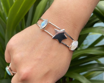 Moonstone Silver Bangle, Rainbow Moonstone Sterling Silver Star Cuff Bangle, Silver cuff bracelet, Adjustable bangle, Gemstone Bracelet