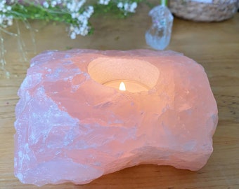 Rose Quartz Candle Holder | Crystal Slab Tea Light Candle Holder | Natural Home Decor | Bohemian furnishings