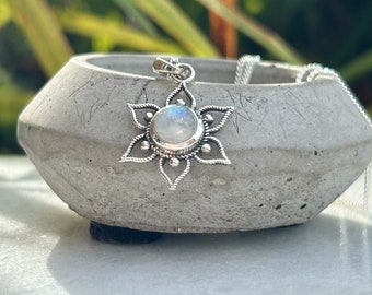 Moonstone Gemstone Pendant Necklace  | MOONSTONE LOTUS FLOWER Necklace |  Gemstone Sterling Silver Necklace | Crystal Birthstone Necklace