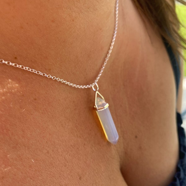 Silver Opal Crystal Necklace | Natural Gemstone Semi Precious Healing Silver Necklace | Opalite Hexagon Reiki Healing Crystal Point Pendant