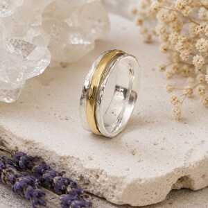 Sterling Silver Spinner Ring: Brass Band, Meditation Fidget Ring