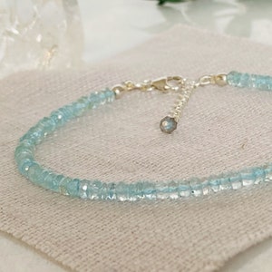 Dainty AQUAMARINE Bracelet, BLUE Gemstone Bracelet, Slim, Stacking Layering Bracelet, Sterling Silver, MARCH Birthstone