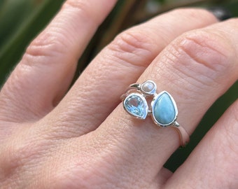 Natural Larimar and Topaz Silver Gemstone ring | Blue Gemstone and Freshwater Pearl Ring | Stunning Mixed Gemstone Statement Ring