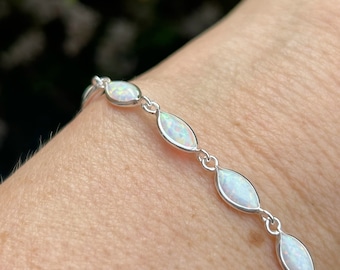 Sterling Silver White Opal Bracelet - Gemstone Sterling Silver Bracelet - Silver October Birthstone