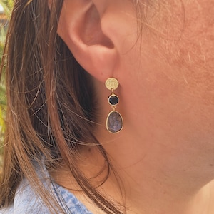 Labradorite Gemstone Earrings | Black Onyx Earrings | 14K Gold Vermeil Earrings | Gold Gemstone Drop Earrings | February Birthstone jewelry
