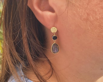 Labradorit Tropfen Ohrringe: Schwarzer Onyx, 14K Gold Vermeil