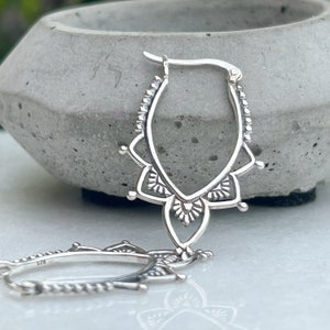 Sterling silver Bohemian style silver hoop earrings | silver Mandala Clasp earrings | 925 Silver Lotus Flower boho Hoops