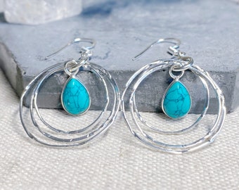 Sterling silver Gemstone Drop earrings | TURQUOISE gemstone earrings | silver hoop earrings | Blue earrings | Long Silver Earrings